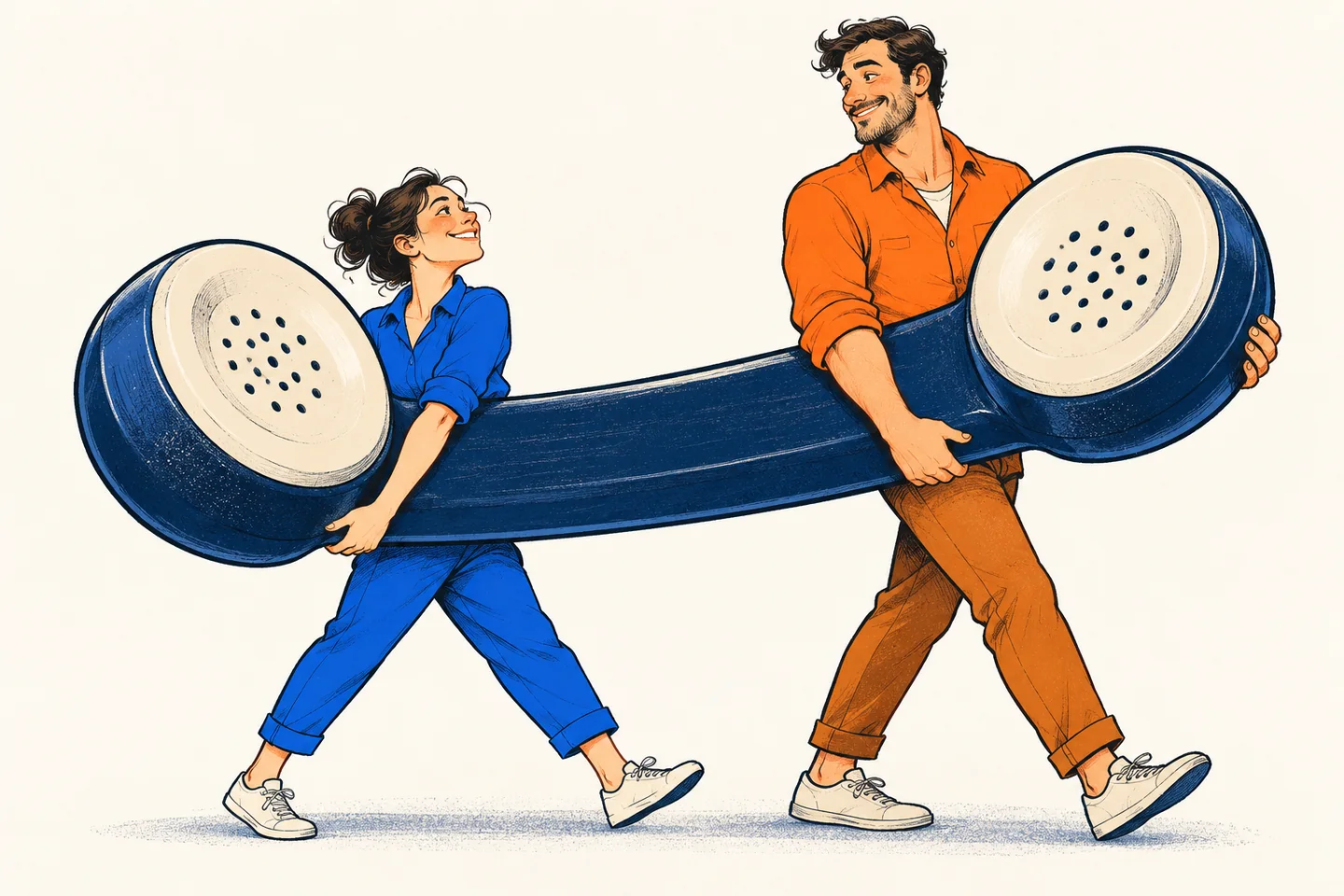 Dos personajes sonrientes de cómic llevan juntos un enorme auricular de teléfono antiguo.