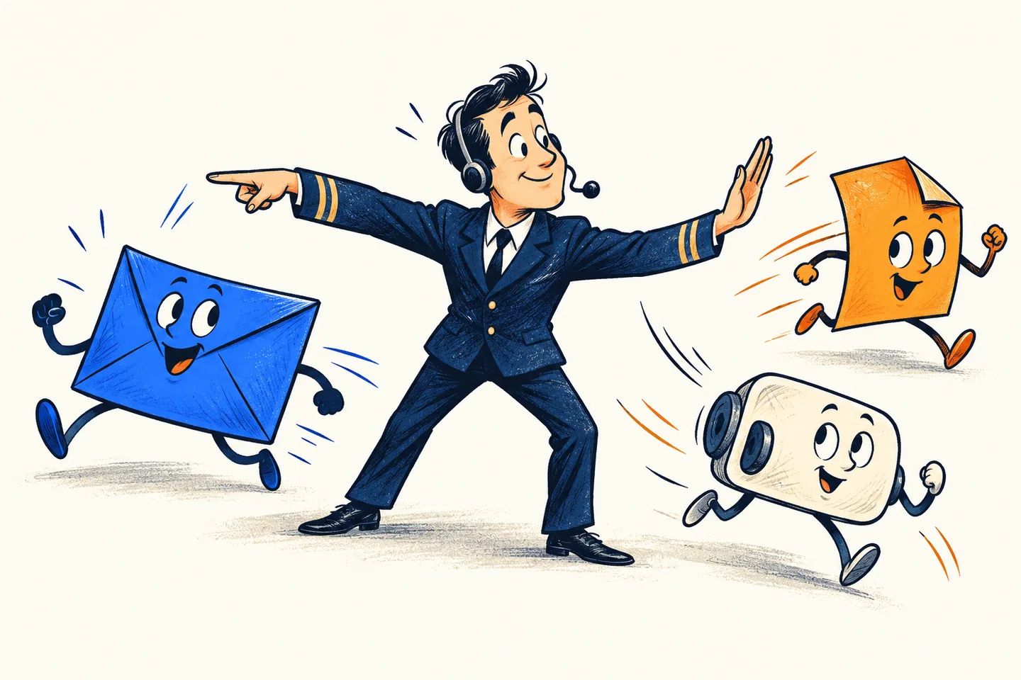 Un simpático controlador guía a personajes de mensajes y voz que corren en distintas direcciones.