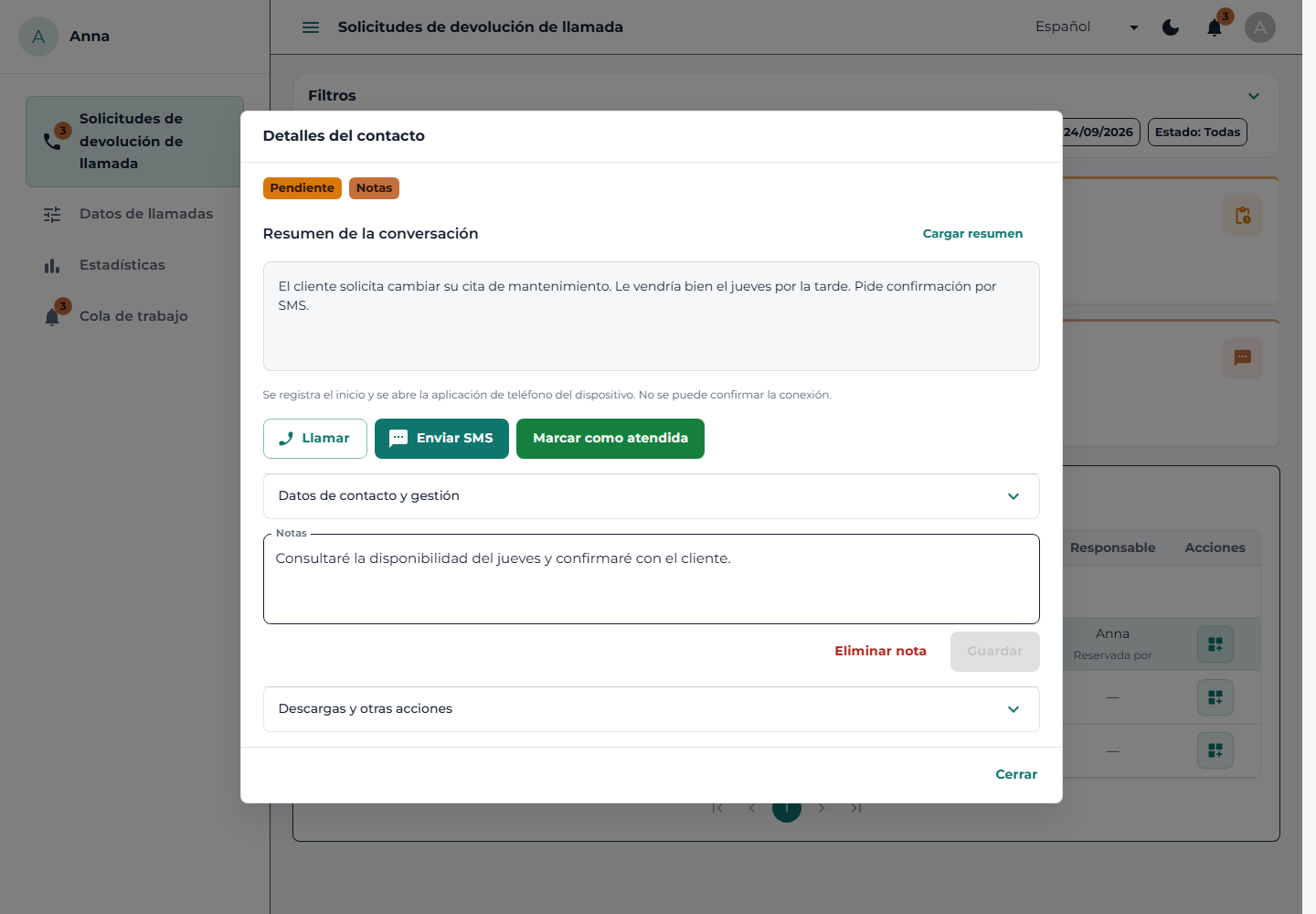 La consulta del cliente en una sola vista. Datos de ejemplo del servicio